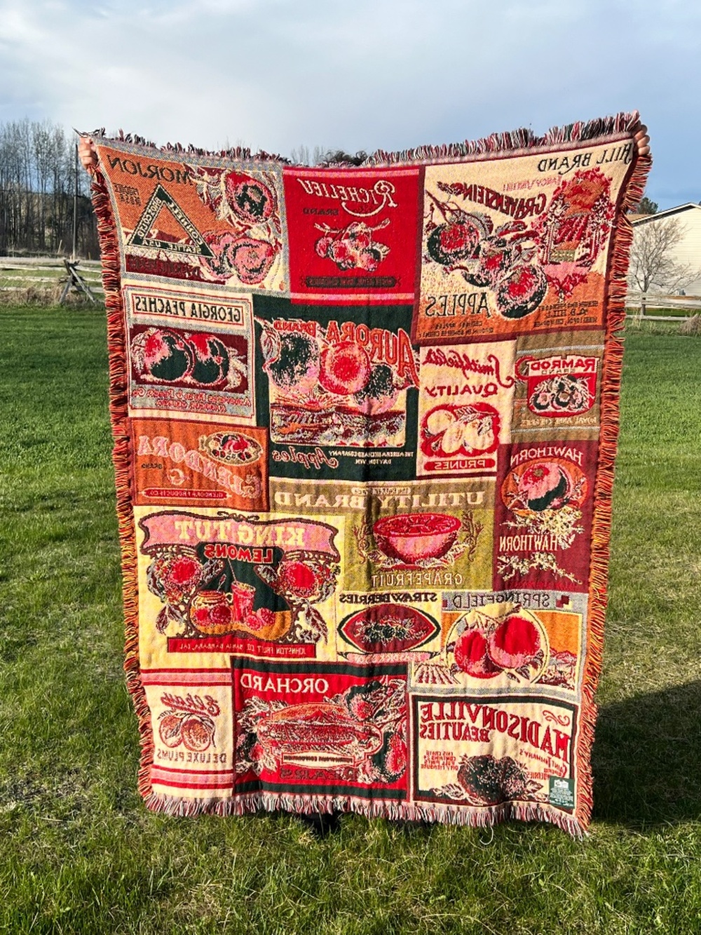 Vtg Goodwin Weavers Throw Blanket Tapestry Apple Orchard 100% Cotton Fringe USA